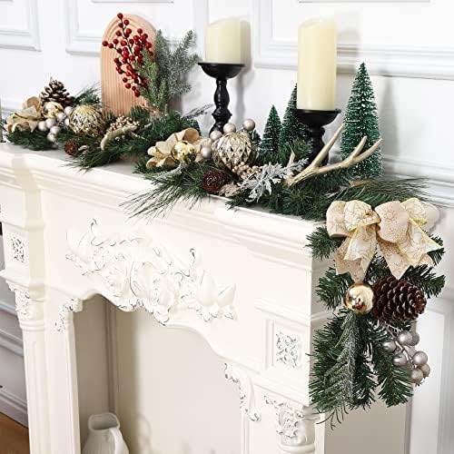 Christmas Garland with Lights, Champagne Gold 6FT 20LED Pre-Lit Christmas Garland with Ball Ornaments, Ribbons, Pine Cones and Artificial Antlers for Door Mantle Stairs Christmas Decoration - Image 7