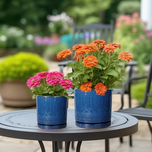 Eightpot Ceramic Planter - 8 Inch Plant Pot Indoor with Drainage Holes and Saucer Round Planter Outdoor Mid-Century Modern Flower Pot Succulent Pot for Home Decor Blue - Image 4