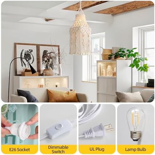 Bioaqua Plug in Pendant Light, Boho Lamp Shade with 9.8ft Plug Cord - Image 2