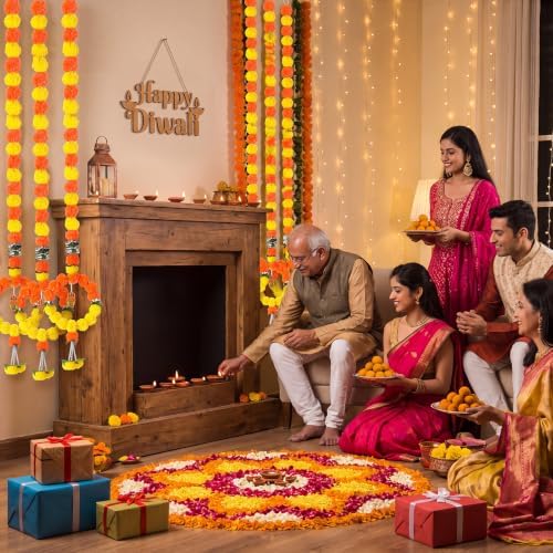 Suncalla 5 Pcs 5 ft Diwali Marigold Garland for Pooja Decor, Orange Yellow - Image 6