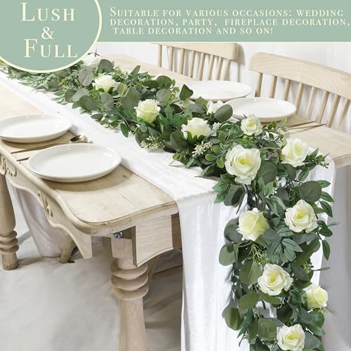 2 Pack Artificial Eucalyptus Flower Garland with White Roses, 13Ft Fake Rose Flower Greenery Garland Floral Vines for Wedding Home Party Table Runner Decor (White) - Image 3