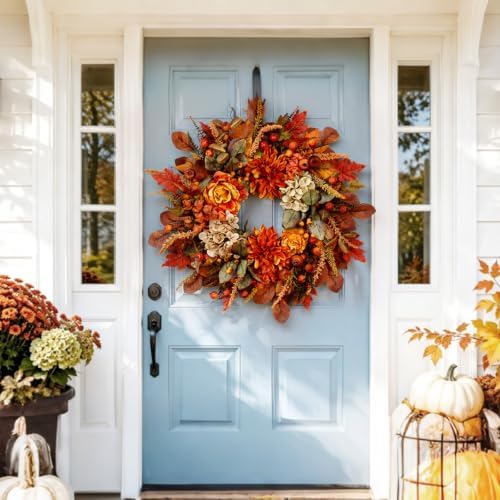 Autumn Harvest Wreath for Front Door 26 Inch, Fall Decor with Orange Dahlias Maple Leaves Berries Hydrangeas, Thanksgiving Halloween Wreaths for Front Door Grapevine Twig - Image 2