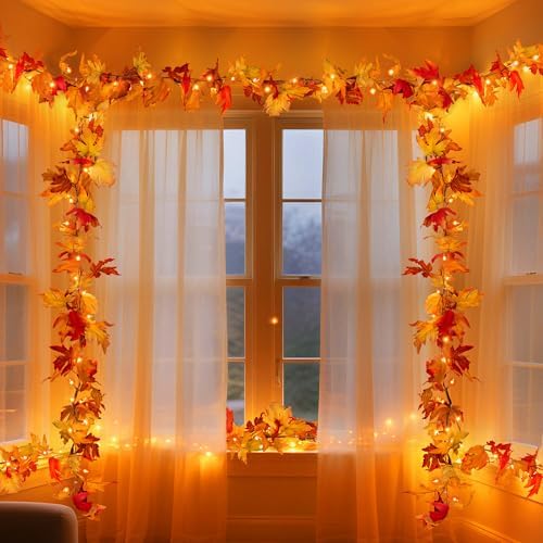 Fall Decorations for Home 18 FT Pre-lit Fall Garland with 100 LED Orange Lights, 8 Lighting Modes, Timer, Battery Operated Maple Leaves Garland for Fall Thanksgiving Mantel Door Fireplace Decor - Image 7
