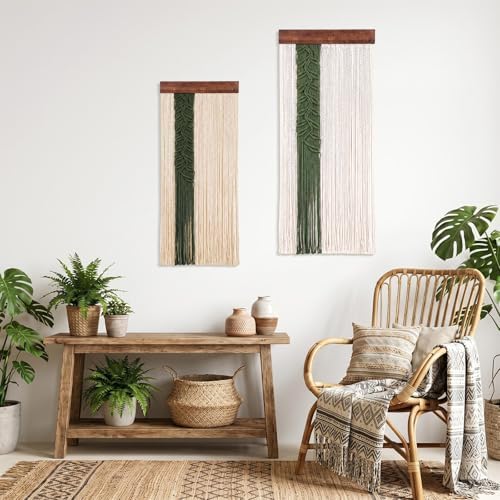 Fumete 2 Pcs Macrame Wall Hanging with Leaf and Feathers Boho Wall Tapestry for Bedroom Long Handmade Woven Decor for Headboard Decor Living Room Home Office(Rectangle) - Image 4