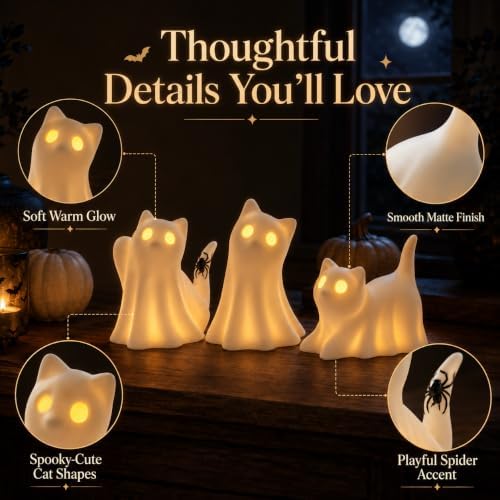 3PCS Ceramic Ghost Cat Light Up Decor Cat Ghost Halloween Decor - Image 4