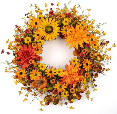 JINGHONG Artificial Fall Wreath 22 Inch Fall Wreaths for Front Door Autumn Flower Wreath with Sunflower Daisy Dahlia Pumpkin for Indoor Outdoor Window Wall Porch Harvest and Thanksgiving Celebration by JINGHONG