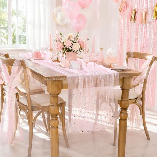 Pink Gold Gauze Table Runner Fabric Sparkling Gold Star 10ft Rectangular - Image 3