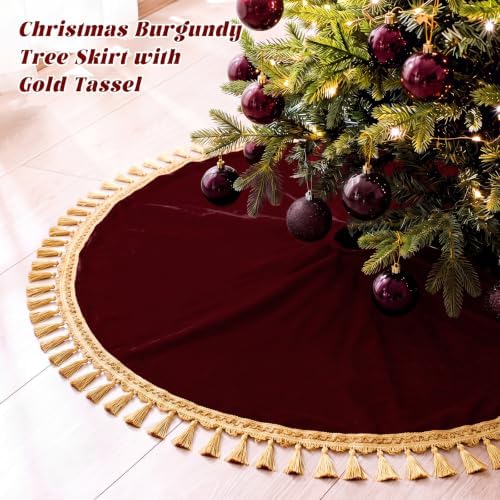 Blueweenly 48 Inch Burgundy Christmas Tree Skirt, Gold Tassel Edge - Image 3