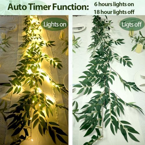 Green Vines Garland with Lights 96 LED Battery Operated with Timer Faux Willow Leaves Twig with Lights Greenery Garlands Decortions for Mantel Fireplace Table Wall Patio Wedding Holiday Home Decor - Image 4