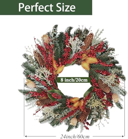 24" Christmas Wreaths for Front Door, Various Red Berries & Magnolia Leaves Pinecones Winter Xmas Wreath Outdoor Holiday Decor, Fall Door Wreath for Farmhouse Front Porch Wall Window - Image 6