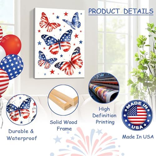 July 4th Patriotic Canvas Wall Art 4th of July USA Decorations American Flag Stars Butterfly Picture Wall Decor Independence Day Home Decor 24x32in - Image 4