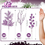 75 Pcs Christmas Glitter Branches 3 Styles Artificial Christmas Picks Berries Stems Pine Needles Floral Twig Spray for Xmas Tree Ornaments DIY Wreath Garland(Purple) - Image 2