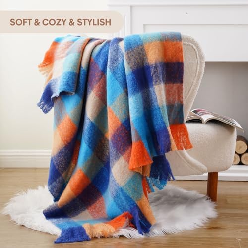Battilo Blue Plaid Throw Blanket for Couch, Mohair Plaid Blanket, 50 x 60in - Image 4