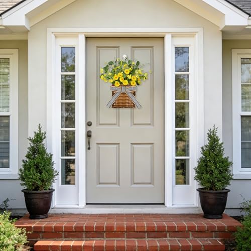 Spring Hanger Basket Wreath for Front Door 15" Yellow Daisy Basket Artificial Green Eucalyptus Leaves with Lavender Summer Wreaths Baskets for Indoor Farmhouse Porch Entryway Wall Home Decor - Image 5