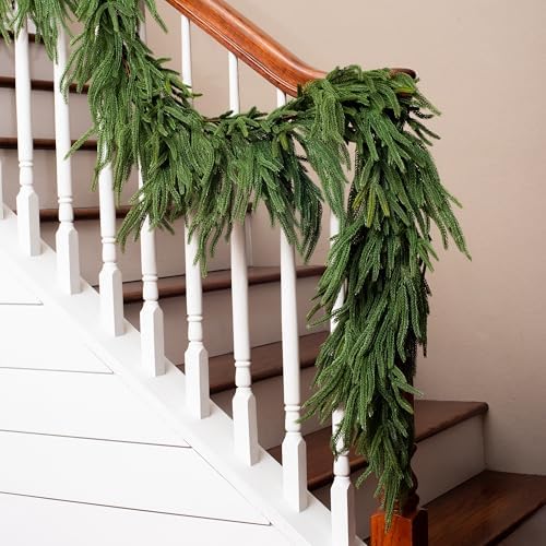 Extra Full 6 ft Real Touch Norfolk Pine Garland Realistic 6ft, Christmas Garland for Mantle, Soft and Bendable Real Touch Garland Christmas Greenery, Evergreen Christmas Garlands for Fireplace, Stairs by VitaDomi