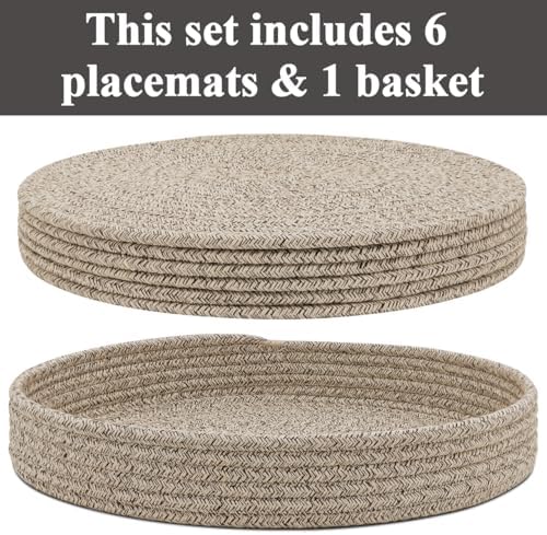 Round Placemats Set of 6 with Holder, Cotton Rope Woven Place Mats, Hot Pads for Kitchen, Heat Resistant Table Mats, 13 Inch Farmhouse Washable Braided Placemat for Kitchen Decor (Brown) - Image 2
