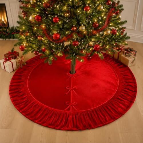 72 Inch Velvet Christmas Tree Skirt Vintage Red Tree Skirt - Image 4