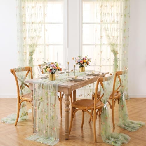 QueenDream Sage Green Wildflower Floral Table Runner 3 Pcs 10FT Gauze Embroidery Table Runners for Home Wedding Baby Shower Birthday Party Decorations - Image 4