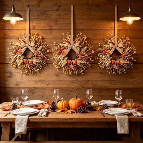 12 Pcs Mini Fall Wreaths for Kitchen Cabinets Thanksgiving Artificial Wreaths Autumn Hanging Wreath Harvest Candle Rings Farmhouse with Ribbon for Front Door Porch Wall Window Decoration - Image 3