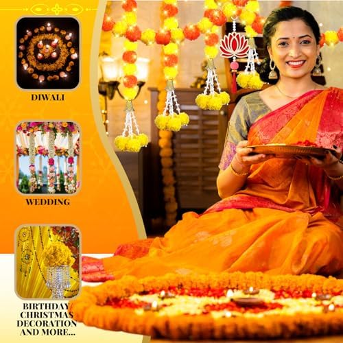 11 Pcs Diwali Decoration 5 Pcs 4.92 ft Marigold Garland Decoration with String Light 6 Lotus Hanging Ornament Indian Decor for Pooja Artificial Marigold Garlands for Wedding Home Temple Party Decor - Image 5
