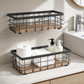 TJ.MOREE Small Metal Wire Basket, Decorative Wood Base Organizer for Bathroom, Kitchen, Basket for Toilet Paper Storage, Sugar Packet, Coffee Syrup, Guest Towel, Napkin(Black 2 Packs) by TJMOREE