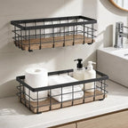 TJ.MOREE Small Metal Wire Basket, Decorative Wood Base Organizer for Bathroom, Kitchen, Basket for Toilet Paper Storage, Sugar Packet, Coffee Syrup, Guest Towel, Napkin(Black 2 Packs) by TJMOREE