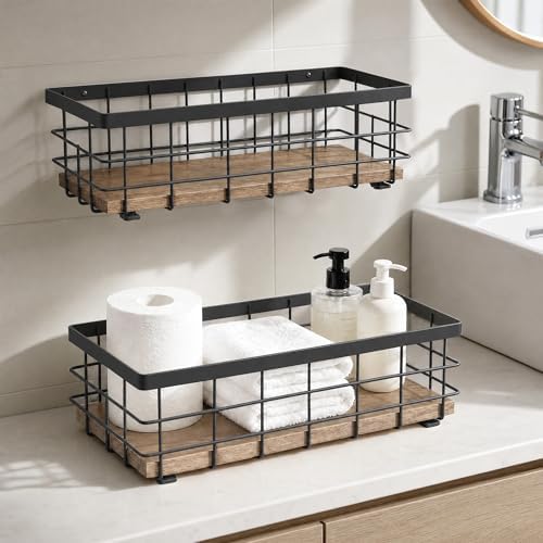 TJ.MOREE Small Metal Wire Basket, Decorative Wood Base Organizer for Bathroom, Kitchen, Basket for Toilet Paper Storage, Sugar Packet, Coffee Syrup, Guest Towel, Napkin(Black 2 Packs) by TJMOREE
