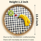Round Rattan Tray with Mother of Pearl Inlay, Decorative Basket with Wooden Base, Woven Tray for Kitchen Island Decor, Table Decor, Storage and Display of Food (Checkerboard, 13.8") - Image 2