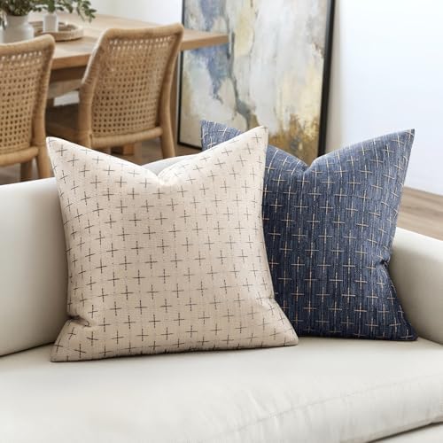 MIULEE Pack of 2 Decorative Burlap Linen Throw Pillow Covers Modern Farmhouse Pillowcases Rustic Woven Textured Cushion Cover for Sofa Couch Bed 16x16 Inch Blue - Image 4