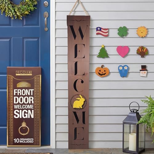 DECOLURE Welcome Sign for Front Porch - Tall Solid Wood Porch Door Sign with 10 Magnetic Seasonal & Holiday Pieces, Rustic Farmhouse Outdoor Decor for Year Round Welcoming Entryway (Porch Brown) by DECOLURE