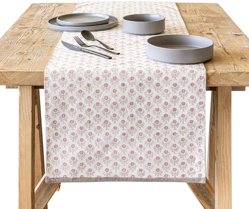 Over&Back 18x108 Hand-Blocked Printed Cotton Table Runner - Washable Table Runners for a Custom Home Decor Tablescape - Perfect for Coffee Table, Dinner Table, Living Room, and More - Pink Bloom by overback