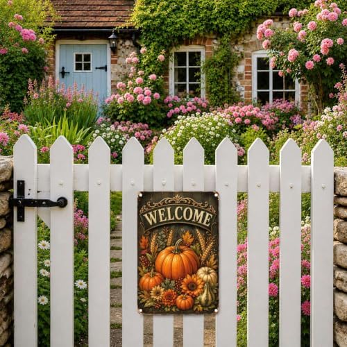 Decorative Tin Sign Vintage Metal Tin Sign Welcome Pumpkins Sunflowers Wheat Ornate Wood Background Autumn Wall Decor for Entryway Living Room 12×16 Inches with Metal Frame - Image 7