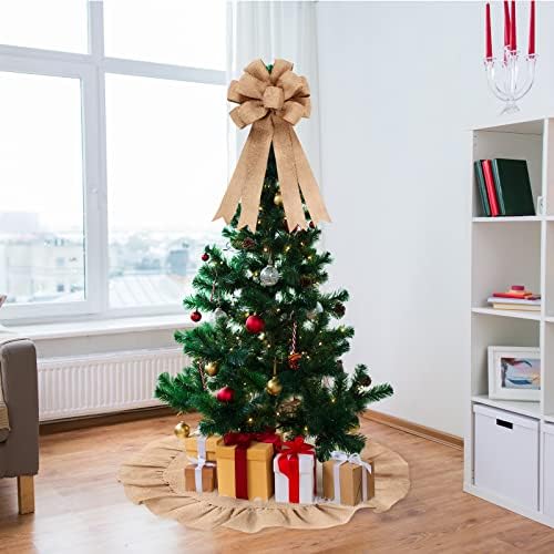 Civaner 2 Pcs Burlap Christmas Tree Topper with 47 Inch Ruffle Christmas Tree Skirt and 34 Inch Large Vintage Ribbon Bow Rustic Xmas Tree Ornaments for Wreath Party Holiday Farmhouse Home Decor - Image 5