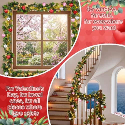 Norme 6ft Pink Red Heart Valentine's Day Garland with 60 LED Lights, Eucalyptus Leaf Banner Decor for Home, Stairs, Table, Fireplace, Holiday Festival Party Decorations - Image 4