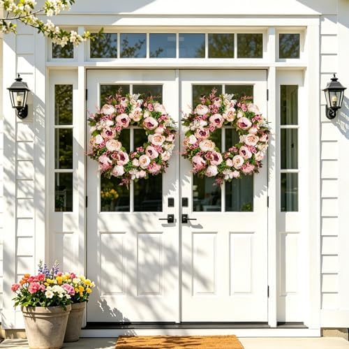 Front Door Wreath, 22 Inch Summer Fall Wreath Handmade Peony Rose Door - Image 4