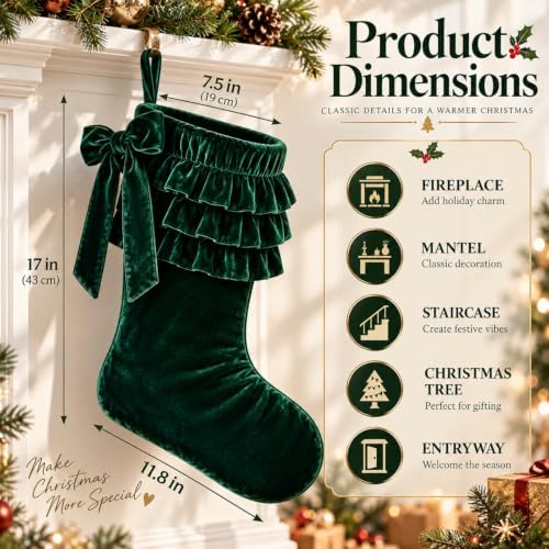 Thenshop 4 Pairs Christmas Hunter Green Velvet Bow Stockings - Image 2