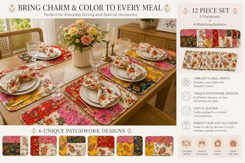 12-Piece Quilted Patchwork Placemats & Floral Napkins - Image 5