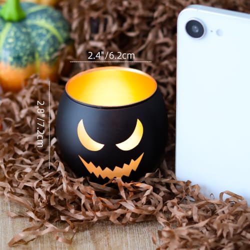 SHMILMH Halloween Table Centerpiece Candle Holders Set of 12, Black and Gold Glass Votive Holder with 6 Grimace, Tealight Holders Bulk for Halloween Party Decor - Image 5
