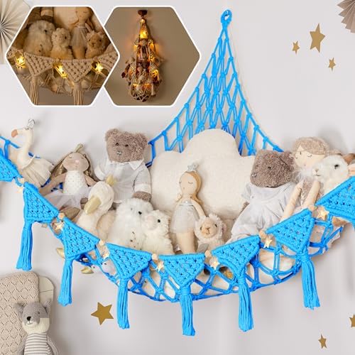 TIDYTEDS Macrame DreamLights Boho Stuffed Animal Storage Net Hammock Extra Large Plush Toy Storage Holder For Small Or Large Plushies BLUE by TIDYTEDS