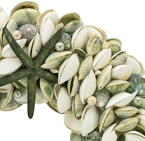 Natural Seashell Wreath w/Shells, Starfish, Pearls, Sea Snails - Spring & Summer Coastal Decor Beach House Indoor Door Wreath, 18in Green - Image 2
