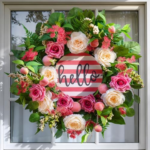 Spring Summer Wreaths for Front Door Outside, 24 Inch Peony & Rose Floral Summer Wreath with Pink Peach Farmhouse Door Decor, Spring Wreaths for Front Door, Spring Door Wreath for Front Door Outside by SoomeirWreath