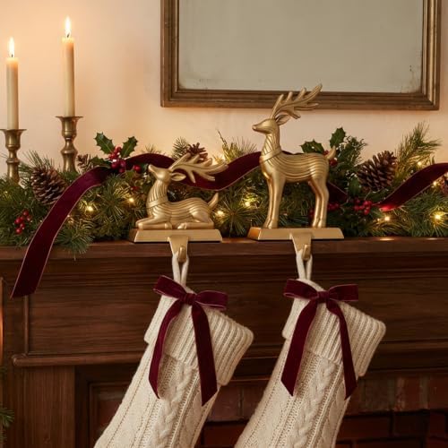 TwoDays 2-Pack Reindeer Christmas Stocking Holders for Mantle - Vintage Gold Resin Deer with Safety Adhesives, Deer Hooks Statues for Xmas Fireplace Decor - Image 7