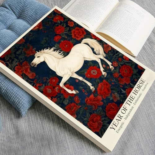 Chinese Lunar Year of the Horse Art Print – Energetic & Independent Zodiac Wall Decor with Red Peony Pattern for Home Apartment and Office Posters 24X36 in Unframed - Image 3