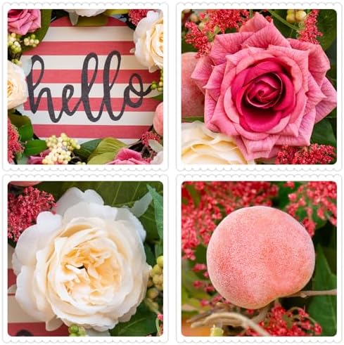 Spring Summer Wreaths for Front Door Outside, 24 Inch Peony & Rose Floral Summer Wreath with Pink Peach Farmhouse Door Decor, Spring Wreaths for Front Door, Spring Door Wreath for Front Door Outside - Image 4