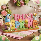 Simgoing 1 Pack Hello Spring Table Decoration Resin Spring Gnome Decorations for Home Pastel Flower Table Sign Festive Floral Statue Tabletop Centerpiece for House Tabletop Tiered Tray Fireplace Decor - Image 3