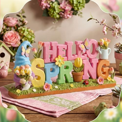 Simgoing 1 Pack Hello Spring Table Decoration Resin Spring Gnome Decorations for Home Pastel Flower Table Sign Festive Floral Statue Tabletop Centerpiece for House Tabletop Tiered Tray Fireplace Decor - Image 3