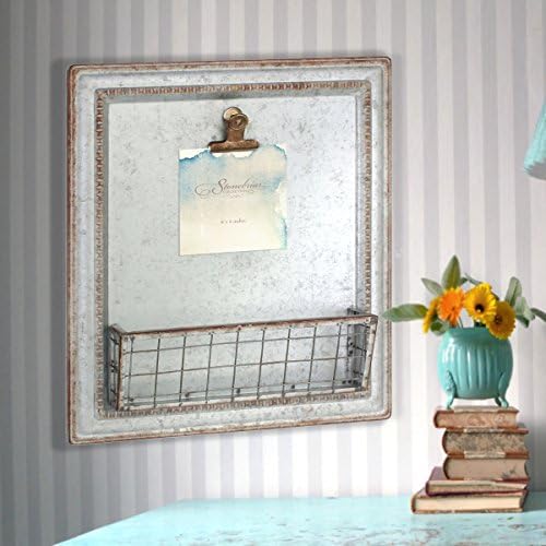 Stonebriar Rustic Galvanized Metal Magnetic Memo Board for Wall with Clip and Wire Basket - Image 5