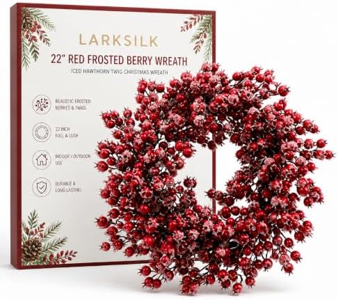Larksilk 22in Red Frosted Berry Wreath, Iced Hawthorn Twig Christmas Wreath by Larksilk