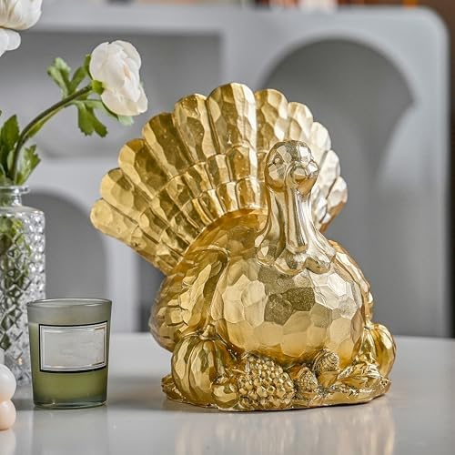 FESTGLOX Thanksgiving Turkey Decor, Gold Resin Turkey Figurine Table Decor by FESTGLOX