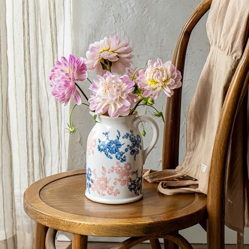 Pink Blue and White Pitcher Vase, 8 Inch Vintage Chinoiserie Ceramic Flower Vase, Rustic Retro Ice Cracked Antique Porcelain Vases for Home Farmhouse Table Centerpieces Shelf Decor ﻿ - Image 4
